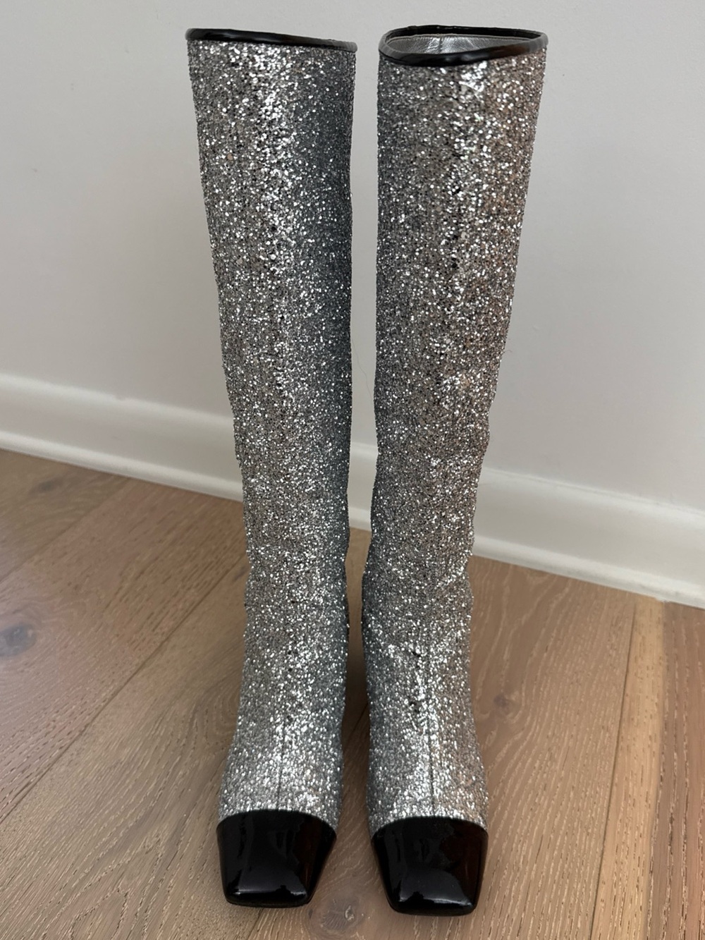 CHANEL Silver Glitter Over-the-Knee Boots with Black Patent Toe